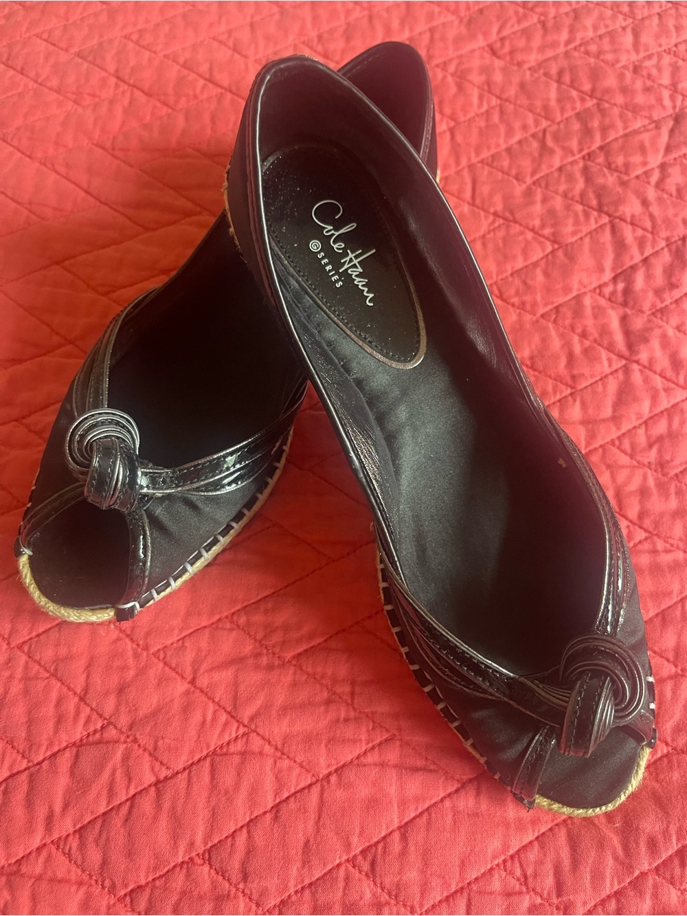 Cole Haan Black Peep-Toe Espadrille Flats with Knot Detail